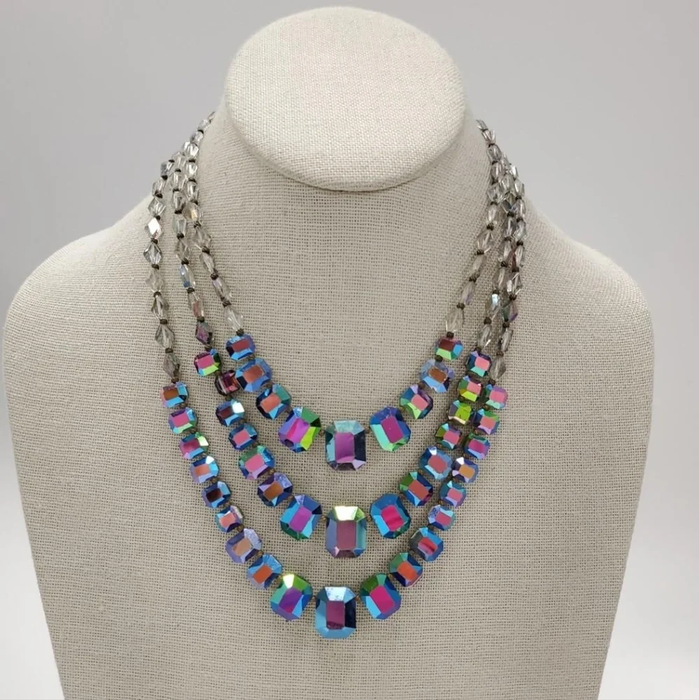 Peacock AB Aurora Borealis Glass Crystal Bead Necklace And Art Class Jewelry Lot